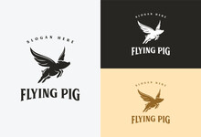 Flying Pig Logo Design Vector Illustration In Vintage Style