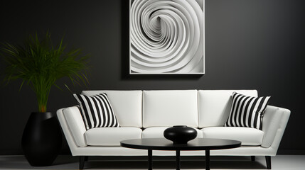 Wall Mural - Living room - white sofa - abstract artwork - black and white monochrome 
