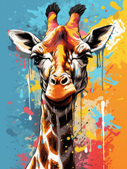 Wall Mural - A Character Cartoon of a Giraffe on an Abstract Background with Thick Textures and Bold Colors