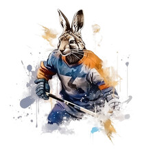Hare Player Hockey Style Image, Bright Image, Watercolour Style On White Background, Watercolor Rabbit, Isolated On A White Background 