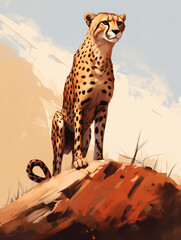 Wall Mural - A Character Cartoon of a Cheetah on an Abstract Background with Thick Textures and Bold Colors
