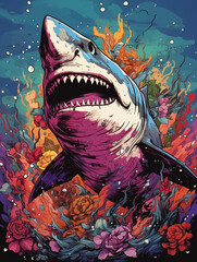 Canvas Print - A Character Cartoon of a Shark on an Abstract Background with Thick Textures and Bold Colors