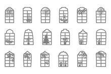 Vertical Windows With Indoor Plants And Palm Leaves. Silhouettes Of Window Frames With Leaves And Flowers In A Pot. Window Icons, Interior Elements. Vector Illustration.