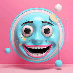 A retro, abstract portrait with an old-fashioned, vintage smiley instead of a face on pink background. Pastel blue modern styling, technological look. Illustration, Generative AI.