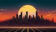 Retro futuristic synthwave retrowave style night cityscape with sunset in the background. Cover or poster template for retro wave music. 