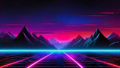 Wall Mural - Synthwave retro cyberpunk style landscape background banner or wallpaper.