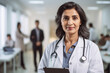 © Margo_Alexa - Portrait of an Indian doctor in a medical gown with a stethoscope in a private clinic. Confident doctor with people standing in the background in a hospital corridor.