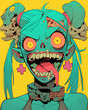 Colorful illustration of a zombie, green skinned girl on a yellow background.