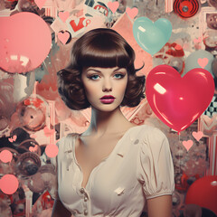 Poster - retro style collage with heart in 60s retro fashion background, valentine's day, digital illustration,