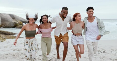 Poster - Group, running and friends with vacation, beach and smile with weekend break, bonding or getaway trip. People, men or women with holiday, seaside or summer with journey, freedom or adventure with joy