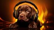 Labrador retriever puppy with headphones listening to music on fire background