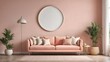 modern living room with pink sofa ,interior wall mockup wall tones with  pastel pink colour ,with plants,mockup big frame of wall  ,3d rending 