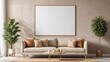 modern living room with curb light sofa chair ,interior wall mockup frame on the  beige colour wall boho style ,with plants ,3d rending