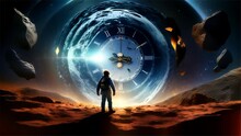 A Lone Figure Stands On The Desolate Surface Of A Planet, Gazing At The Grand Gateway Of Time And Space Symbolized By A Cosmic Clock
