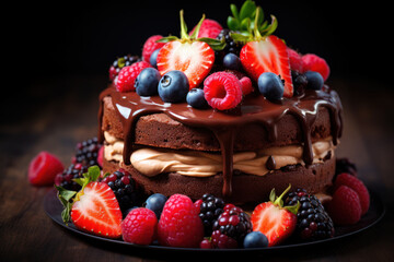 Poster - A close-up of a vegan chocolate cake with rich ganache and fresh berries on top. Concept of a decadent and cruelty-free dessert. Generative Ai.