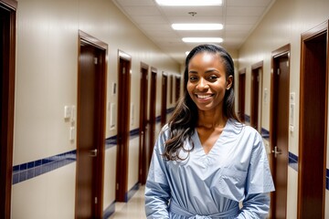 Wall Mural - a black ethnic african nurse professional in egypt wearing scrubs in a medical facility