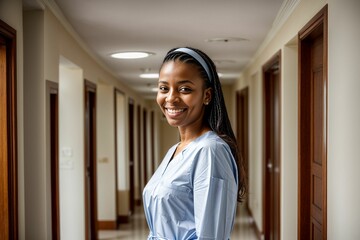 Wall Mural - a black ethnic african nurse professional in egypt wearing scrubs in a medical facility