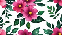 Seamless Pattern With Pink Flowers And Green Leaves, Watercolour