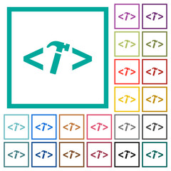 Poster - Web development with hammer flat color icons with quadrant frames