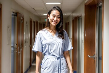 Wall Mural - An asian nurse professional portrait in a medical hospital facility smiling, diversity at workplace