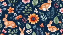 Seamless Pattern With Rabbits And Flower ,leaves , For Surface-design, Fabric, Textile, Card, Background, Wallpaper