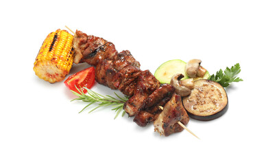 Wall Mural - Delicious shish kebab, rosemary, parsley and vegetables isolated on white