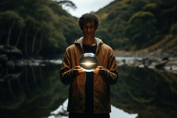 Poster - A surreal scene of a person holding a mirror reflecting their own reflection, forming a paradoxical loop that questions the nature of self-perception. Generative Ai.