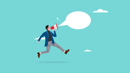 Wall Mural - businessman with loudspeaker illustration, illustration of a person expressing an opinion, announcements or promotions concept, businessman jump while speaking into loudspeaker illustration