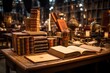 An antique book fair in a historic library, with rare collections, vintage manuscripts, and literary enthusiasts.