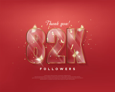 82k followers celebration. with glass figures on a red background.