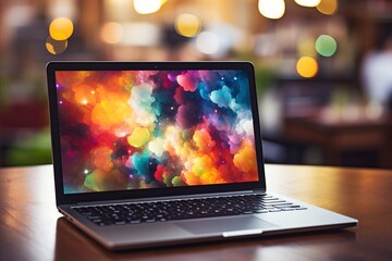 Fototapete - Sleek laptop on desk with vibrant bokeh background featuring abstract shapes and colors