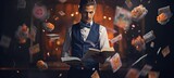 Fototapeta  - Magician performing tricks with blurred bokeh effect, colorful smoke, and floating objects