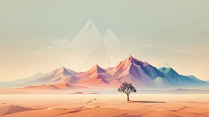Wall Mural - Geometric minimal illustration of a lone tree in a vast desert with abstract mountains in the background.