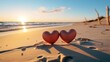 Features two red hearts placed close together on a sandy beach. Generative AI.