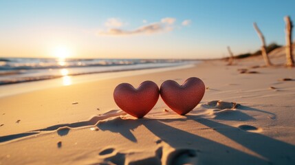 Poster - Features two red hearts placed close together on a sandy beach. Generative AI.