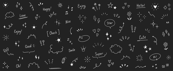 Wall Mural - Doodle cute heart, glitter pen line elements on chalkboard. Doodle heart, arrow, star, sparkle decoration symbol set icon. Simple sketch line style emphasis, glitter star. Vector illustration