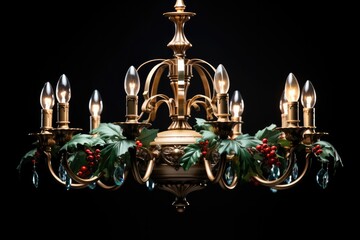 Poster - An elegant chandelier adorned with subtle holly leaf accents on black background. Generative AI.