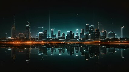 Wall Mural - A minimalistic portrayal of a city skyline at night, using only outlines and a few light sources, capturing the mesmerizing energy of an urban landscape.