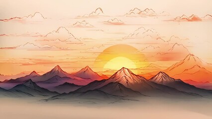 Wall Mural - A simple line drawing of a sunset over a mountain range, inspired by Japanese sumie paintings.