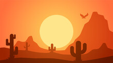 Desert Landscape Vector Illustration. Scenery Of Rock Desert With Cactus And Flock Of Birds In Sunset. Wild West Desert Landscape For Illustration, Background Or Wallpaper