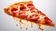 © Thumbs - Scrumptious pepperoni pizza slice in mid-air, showcasing its deliciousness and flavor, white background, generative ai