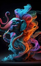 A Mesmerizing Figure, Created Entirely From Swirling Smoke, Dances In A Vibrant Explosion Of Color. The Shape Of A Ghostly Elephant Head. Motion Effects Add An Otherworldly Quality To The Already Ethe