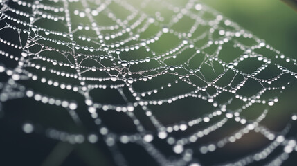 Close-up Image of Spider Web with Water Droplets Reflecting Light. Generative AI.