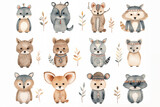Fototapeta Dziecięca - Watercolor of cute American Indian with animals such as a rabbit, bear, fox, raccoon, deer, cat, panda, owl, and sloth. Each animal on white background.