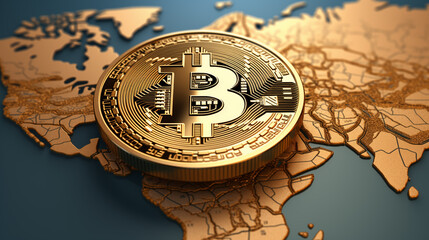 Poster - Gold Bitcoin coin with its iconic '₿' symbol, prominently placed on a  world map.