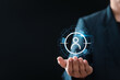 © Noom_Studio - Customer Relationship Management. Businessman holding to target customer icon on vuital screen for customer centric strategies. Target customer, Marketing plan and strategies.
