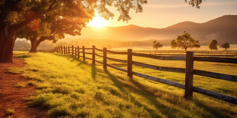 Wall Mural - Landscape featuring a fenced ranch at sunrise with sunlights shimmering and creating a defocused effect