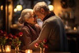 Fototapeta  - Elderly couple enjoying romantic dinner by candlelight. Lasting love and companionship.