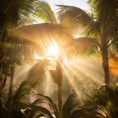Canvas Print - Amidst the palm trees with sunlights shimmering and creating a defocused blur effect
