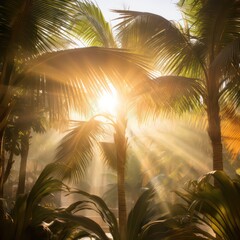 Wall Mural - Amidst the palm trees with sunlights shimmering and creating a defocused blur effect